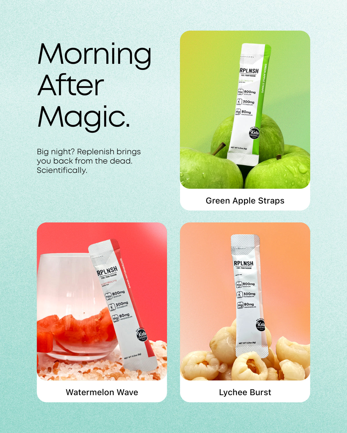 Promotional graphic for 'Replenish' with green apple, watermelon, and lychee flavors on a light blue background.